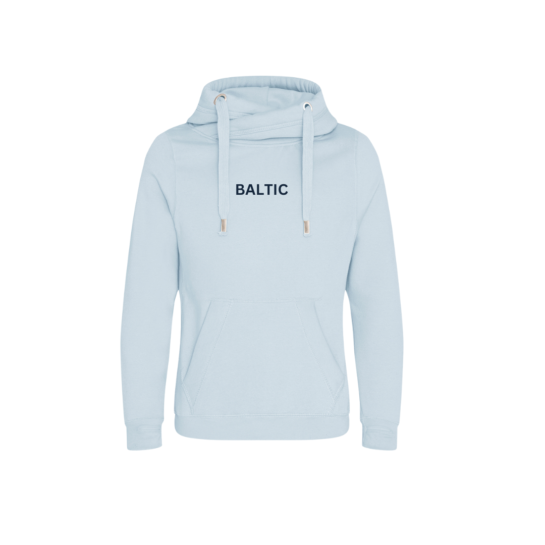 SAMPLE SALE Embroidered 'Baltic' Crossneck hoodie, Baby Blue with Navy Stitching SIZES M L XXL