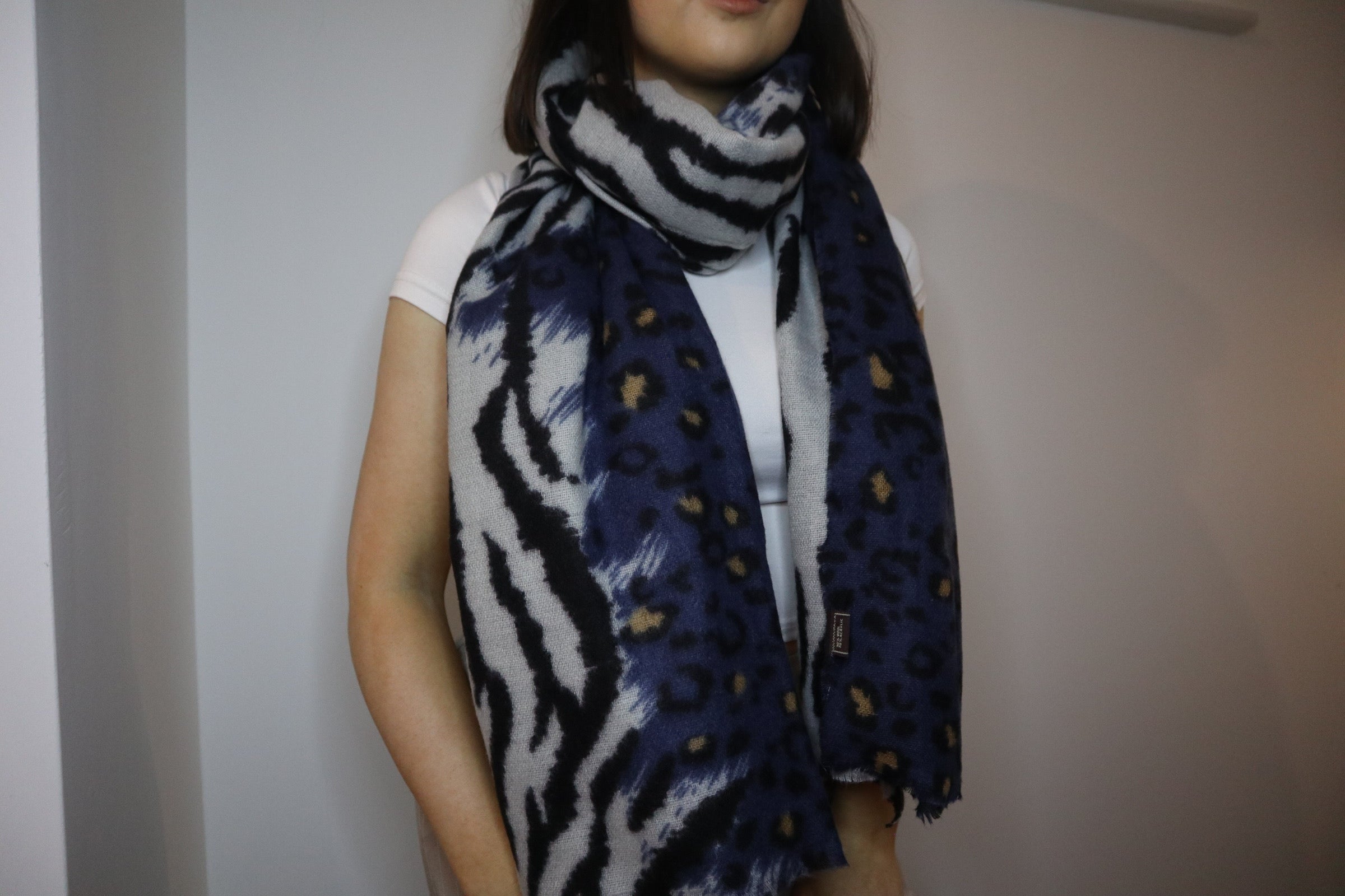 Navy Leopard and Zebra Print Scarf