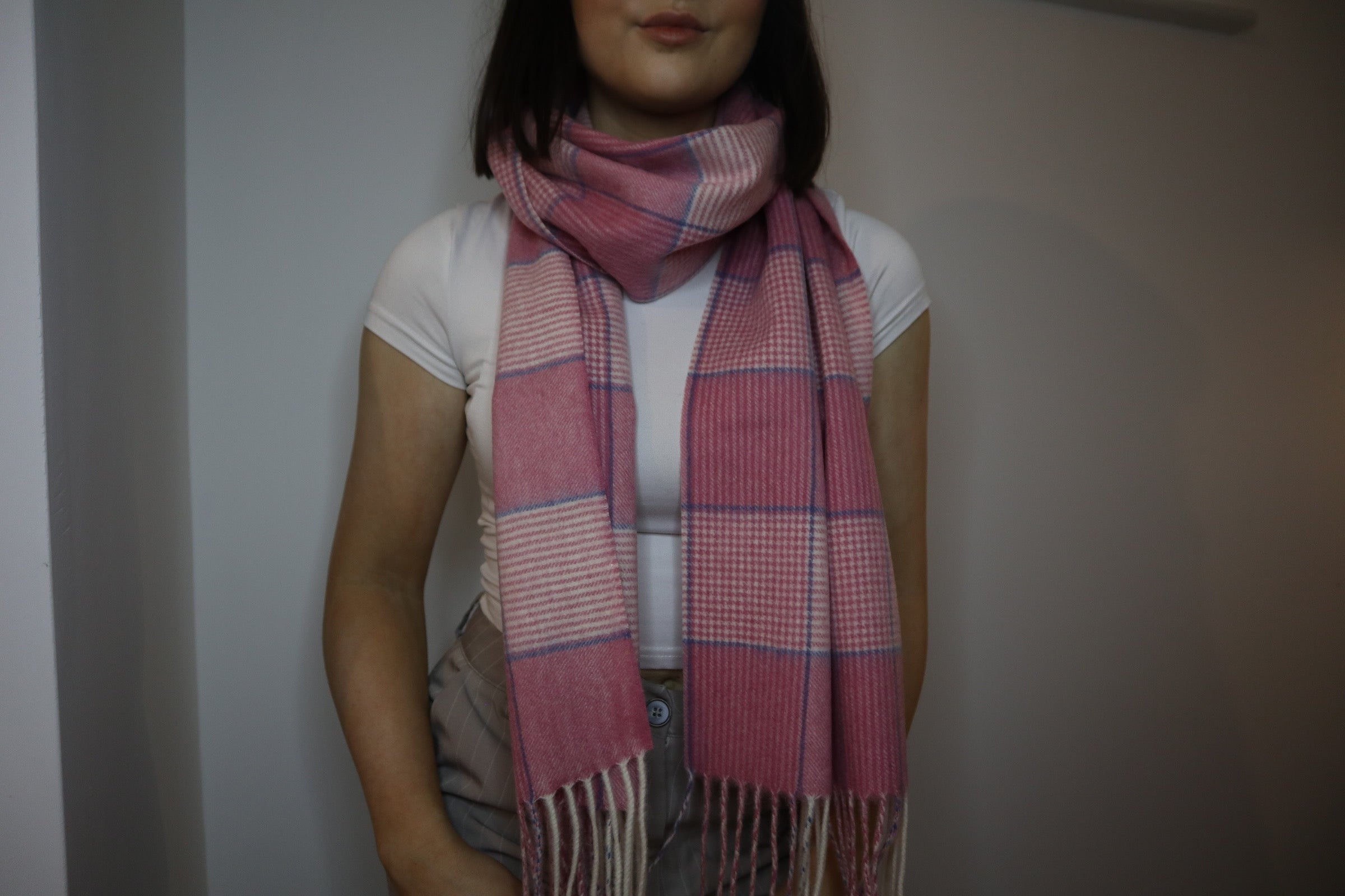 Pink Houndstooth and Stripe Check Tassel Scarf