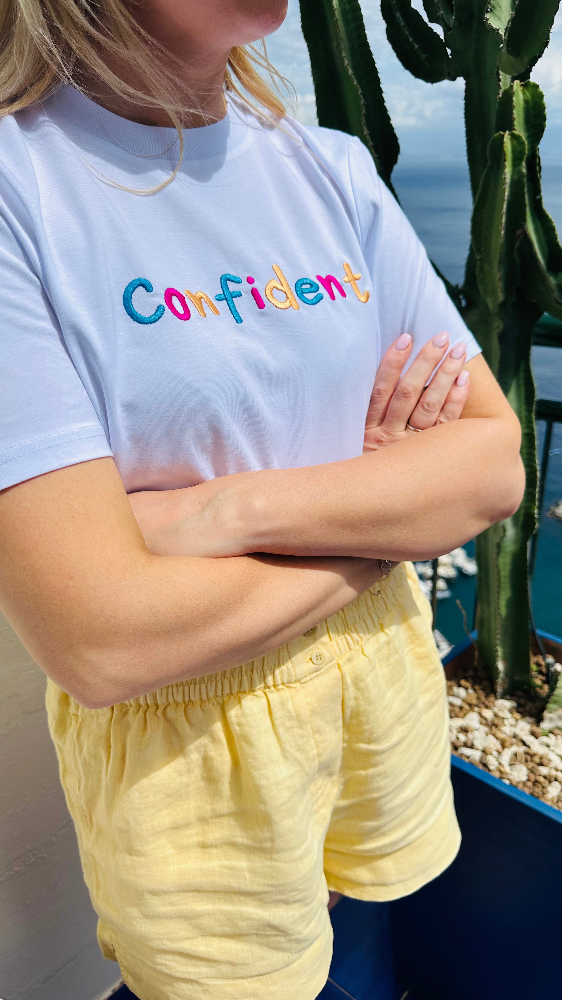 Confident White Embroidered Unisex T-Shirt