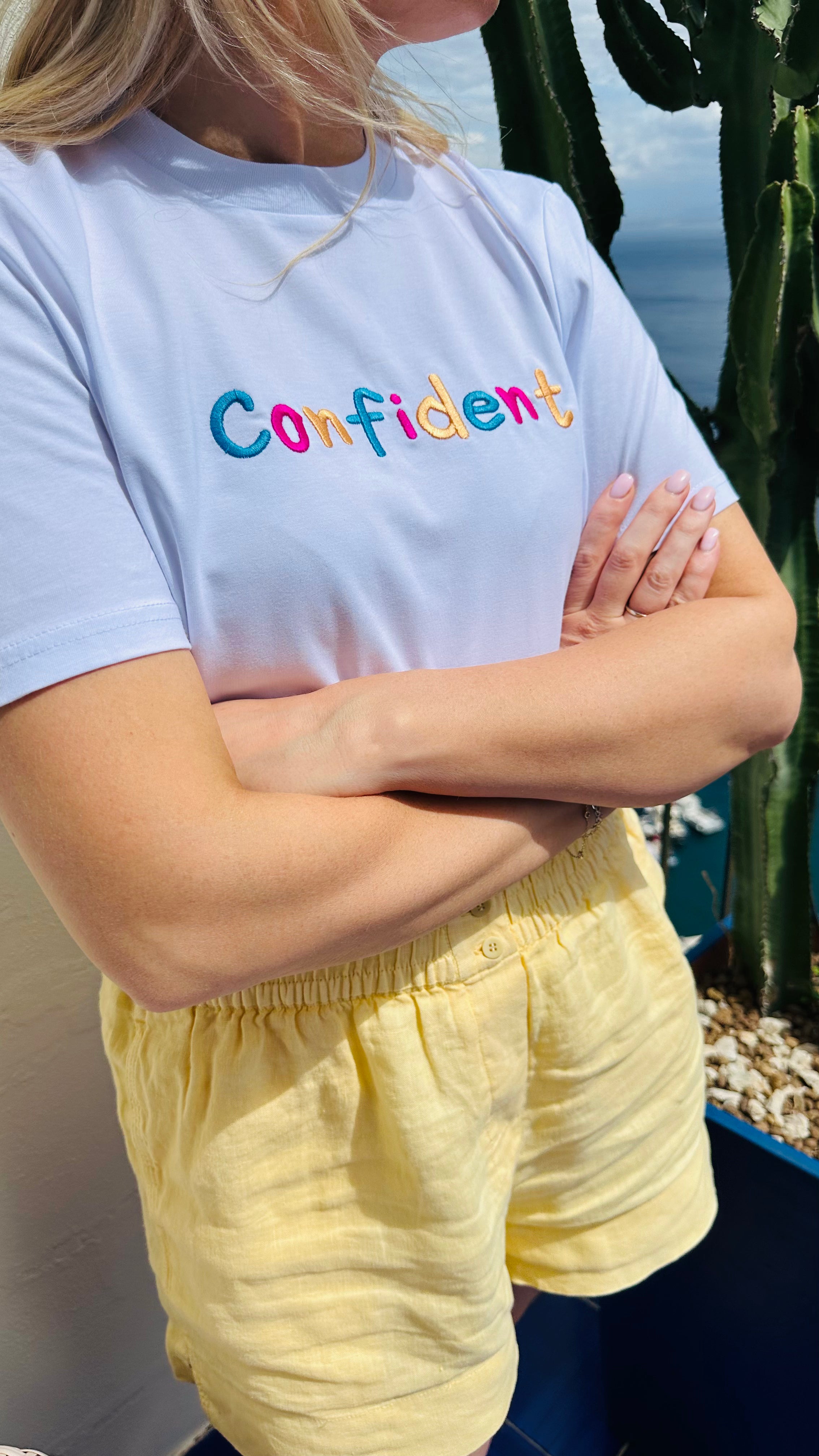Confident White Embroidered Unisex T-Shirt
