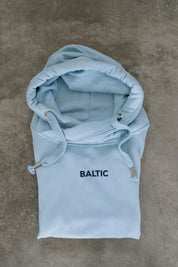 Embroidered 'Baltic' Crossneck hoodie, Baby Blue with Navy Stitching