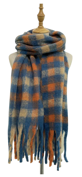 Personalised Embroidered Orange,Teal and Beige Soft Check Blanket Scarf