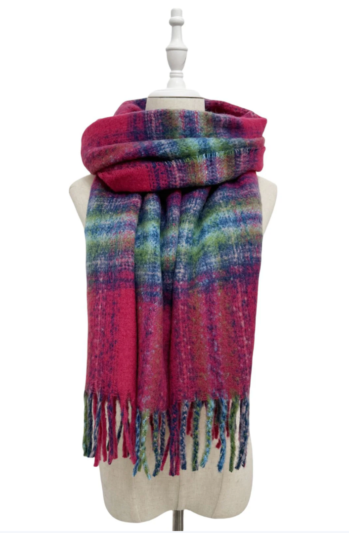 Fuchsia Personalised  Woven Check Tassel Scarf