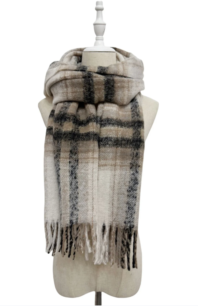 Cream Personalised  Woven Check Tassel Scarf