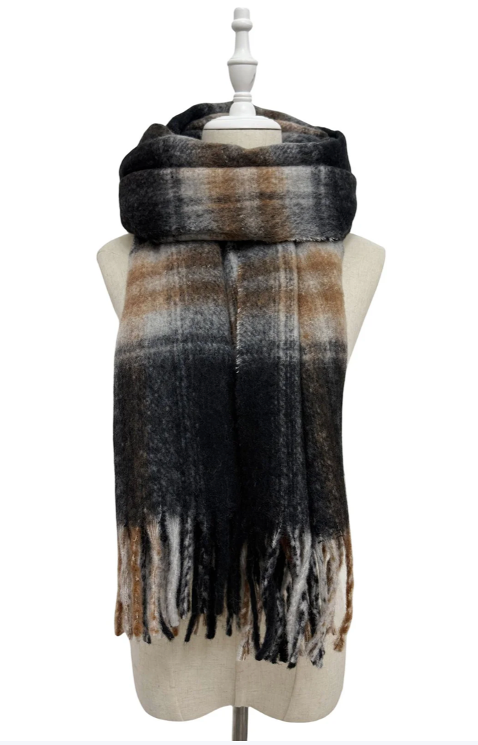 Black Personalised  Woven Check Tassel Scarf