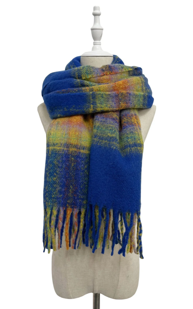 Royal Blue  Personalised  Woven Check Tassel Scarf