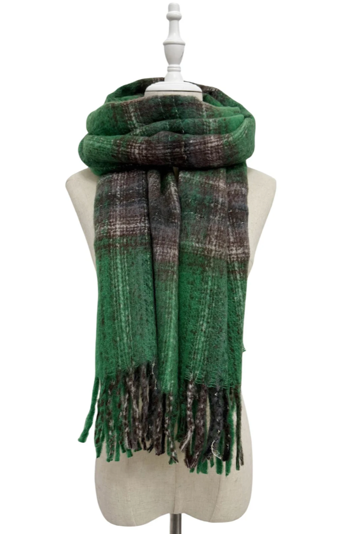 Green Personalised  Woven Check Tassel Scarf