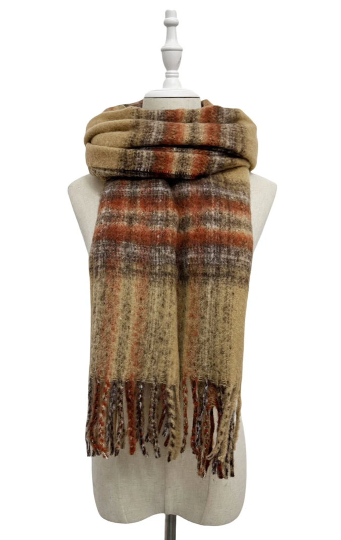 Camel Personalised  Woven Check Tassel Scarf