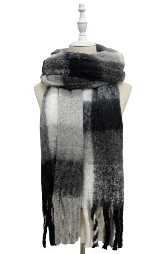 Black/White Multi Check Print Wool Tassel Scarf