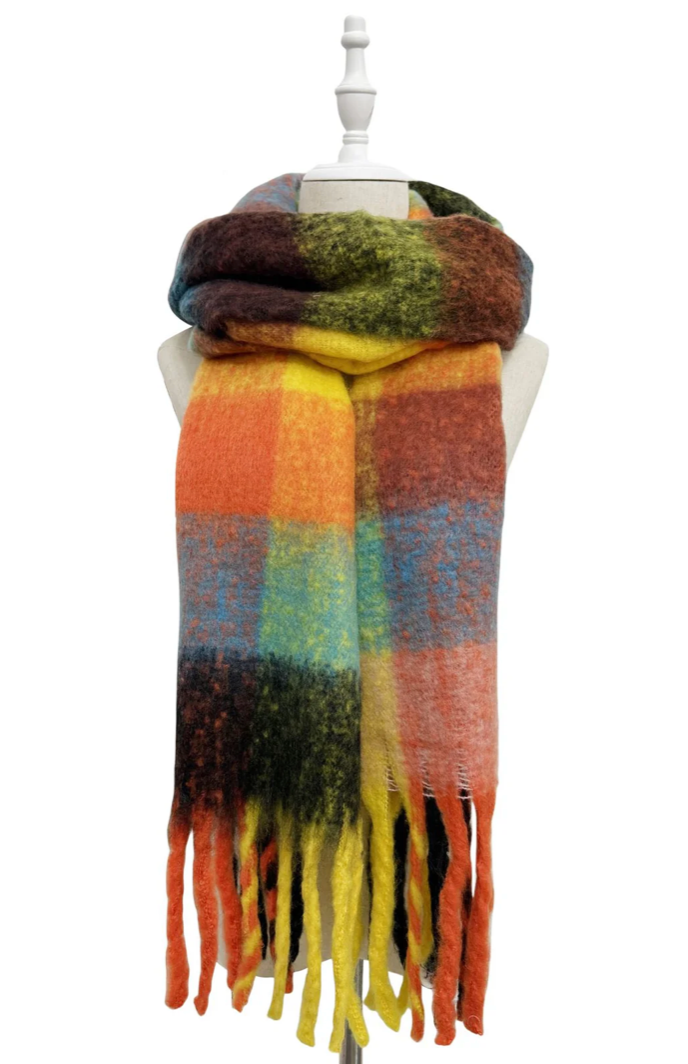 Black, Orange and Yellow Multi Check Print Wool Tassel Scarf