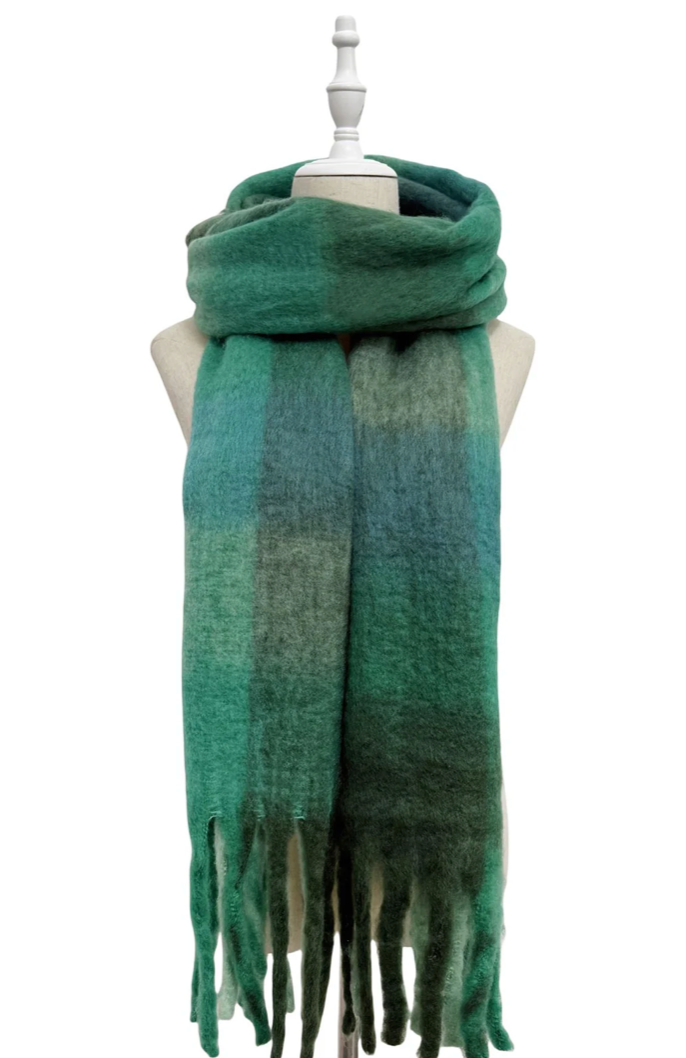 Green Multi Check Print Wool Tassel Scarf