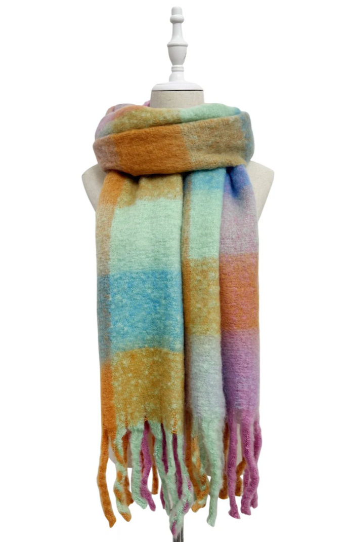 Pink, Mint Green and Orange Multi Check Print Wool Tassel Scarf