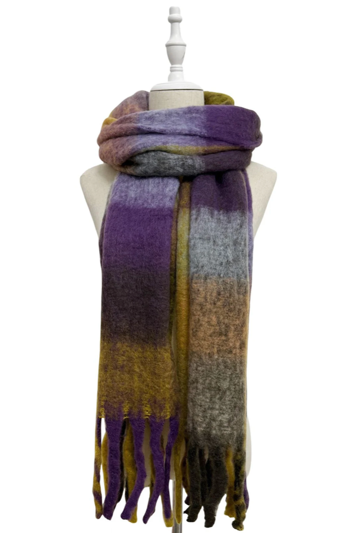 Brown, Mustard and PurpleMulti Check Print Wool Tassel Scarf
