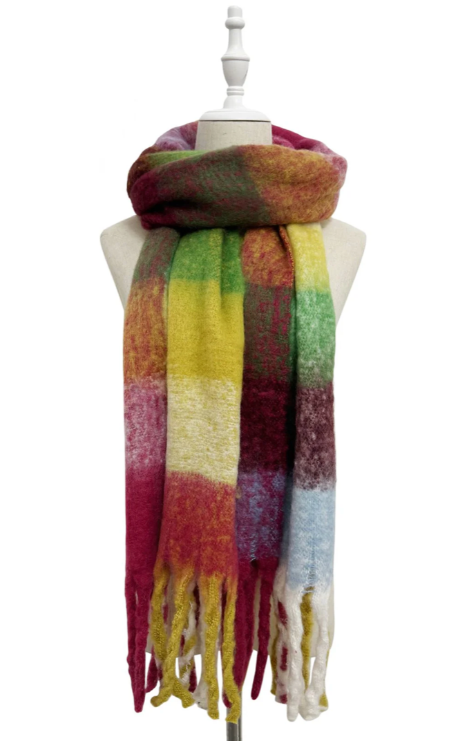 Magenta, White and Mustard Multi Check Print Wool Tassel Scarf