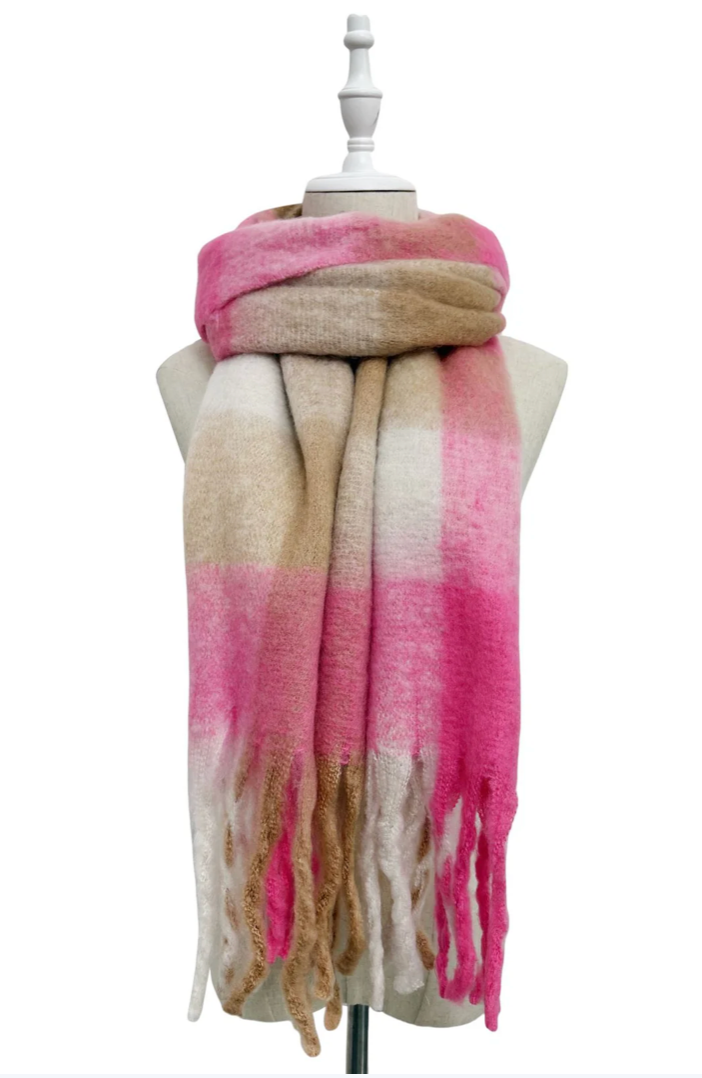 Barbie Pink, White and Beige Multi Check Print Wool Tassel Scarf
