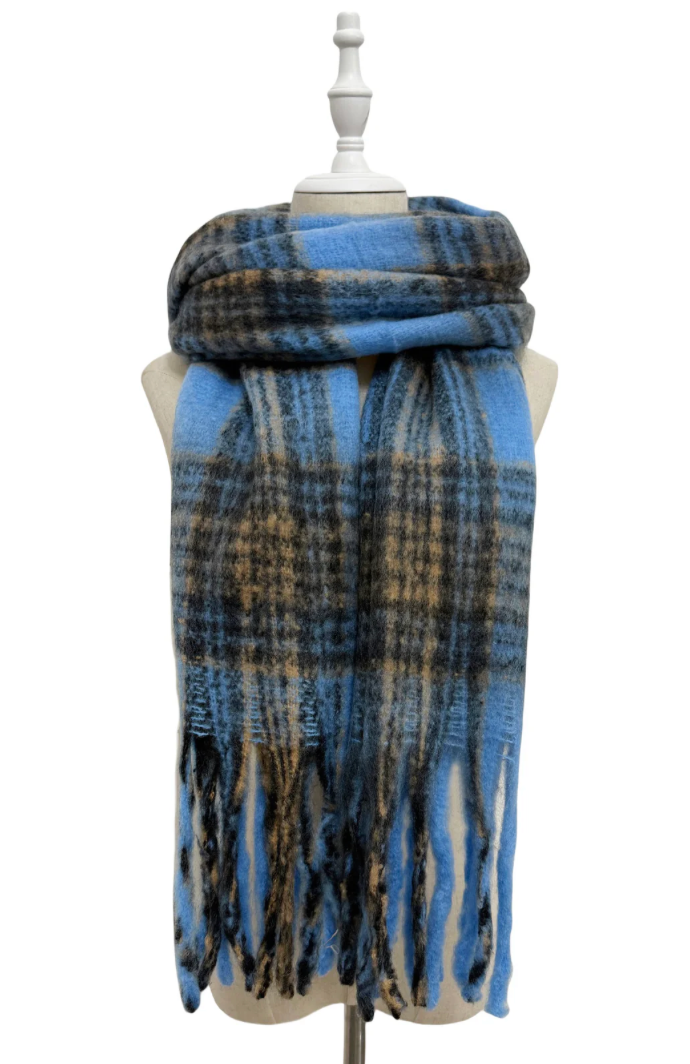 Blue Personalised Large Tartan Wool Tassel Scarf