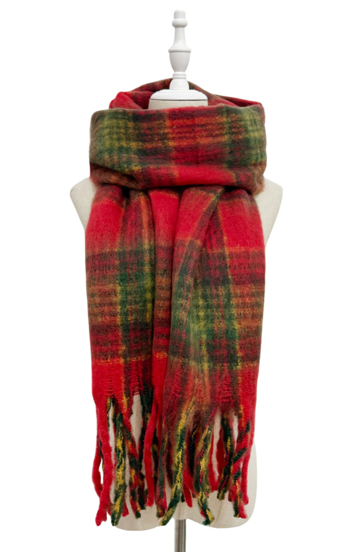 Red Personalised Large Tartan Wool Tassel Scarf