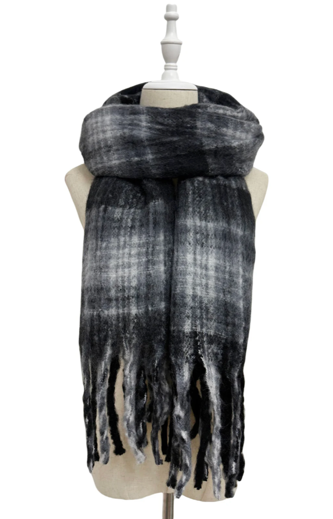 Black Personalised Large Tartan Wool Tassel Scarf