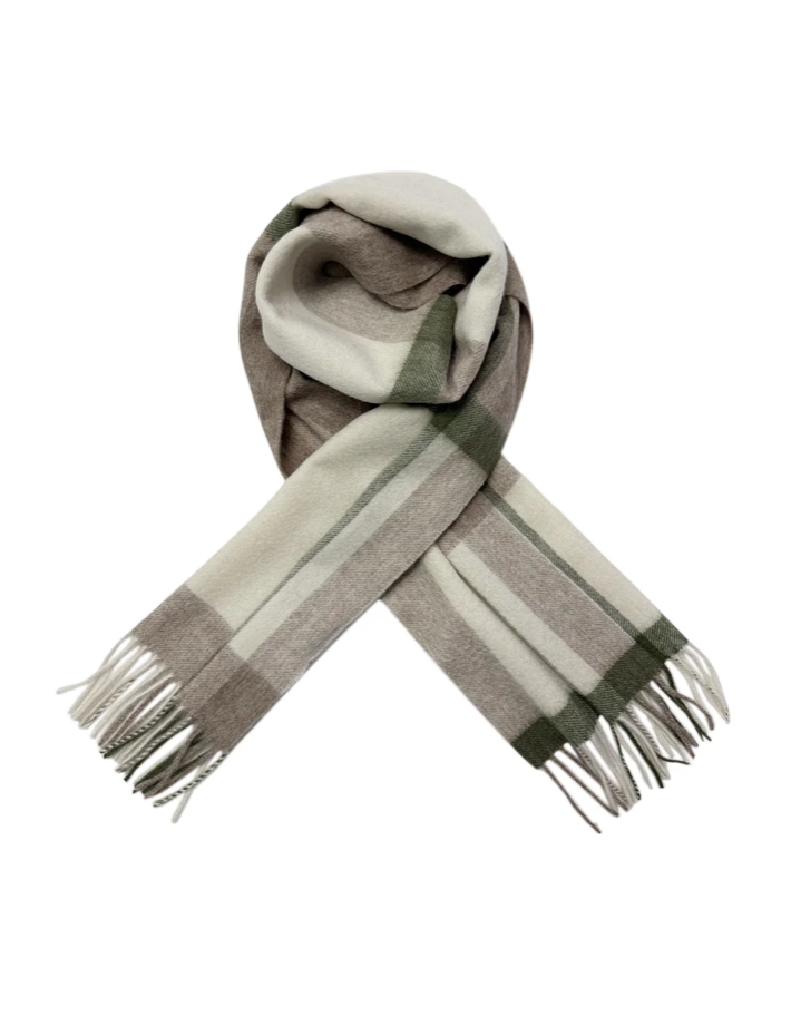 Cream and Army Green Personalised 100% Wool Check Tassel Scarf