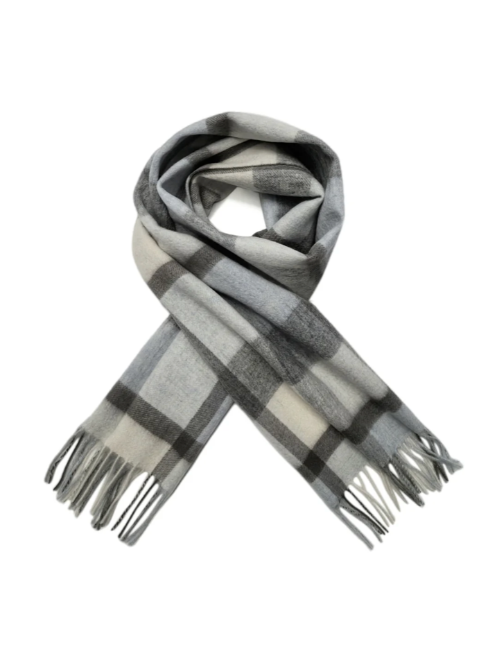 Sky Blue, Grey and Cream Personalised 100% Wool Check Tassel Scarf