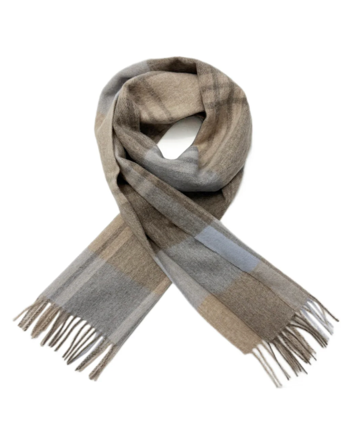 Beige, Coffee and Sky Blue Personalised 100% Wool Check Tassel Scarf