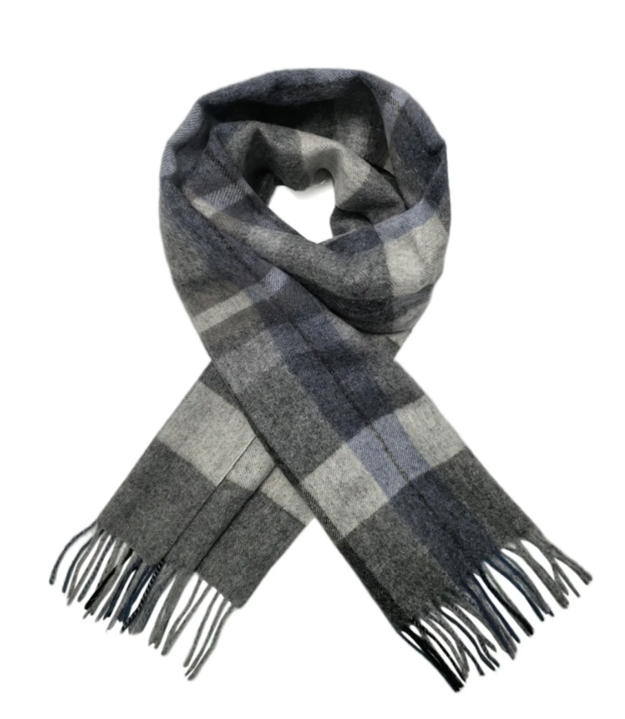 Grey and Blue Personalised 100% Wool Check Tassel Scarf