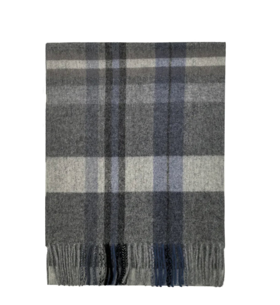 Grey and Blue Personalised 100% Wool Check Tassel Scarf