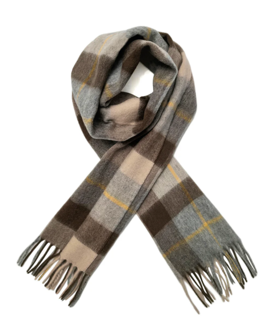 Light Grey and Coffee Personalised 100% Wool Check Tassel Scarf