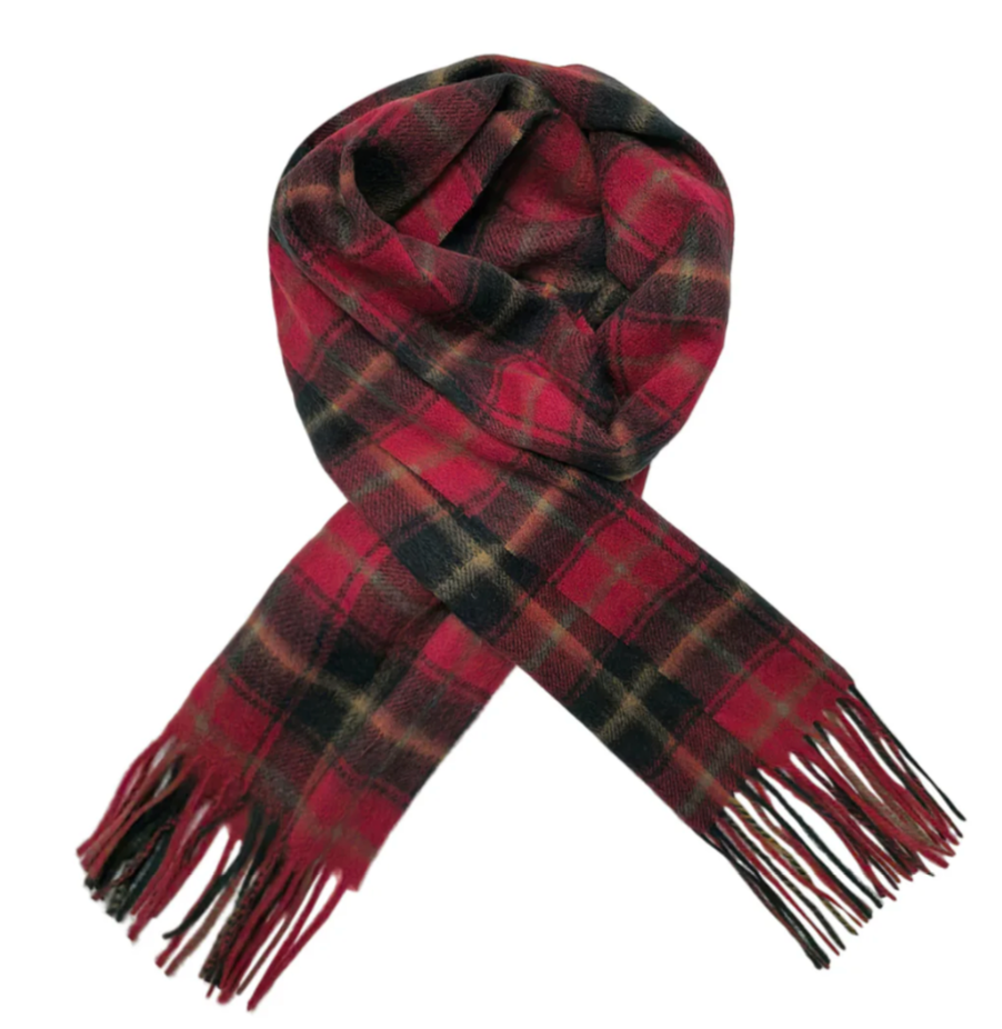 Red Personalised 100% Wool Check Tassel Scarf