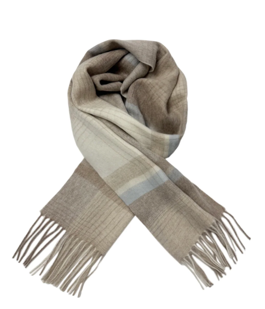 Cream and Beige Personalised 100% Wool Check Tassel Scarf