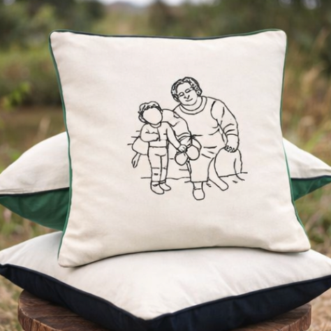Personalised Outline Portrait Cushion Cover – Custom Photo Line Art Embroidery