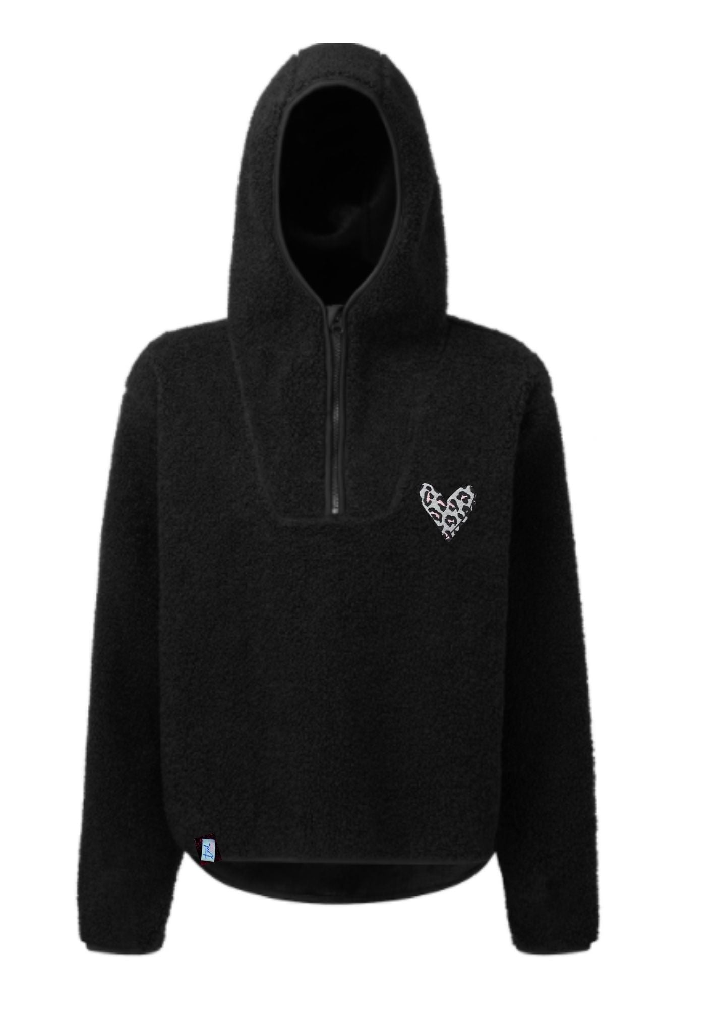 SUMMER SAMPLE SALE Black Sherpa 1/4 Zip Fleece with Hood and Leopard Print Heart - Size L/XL