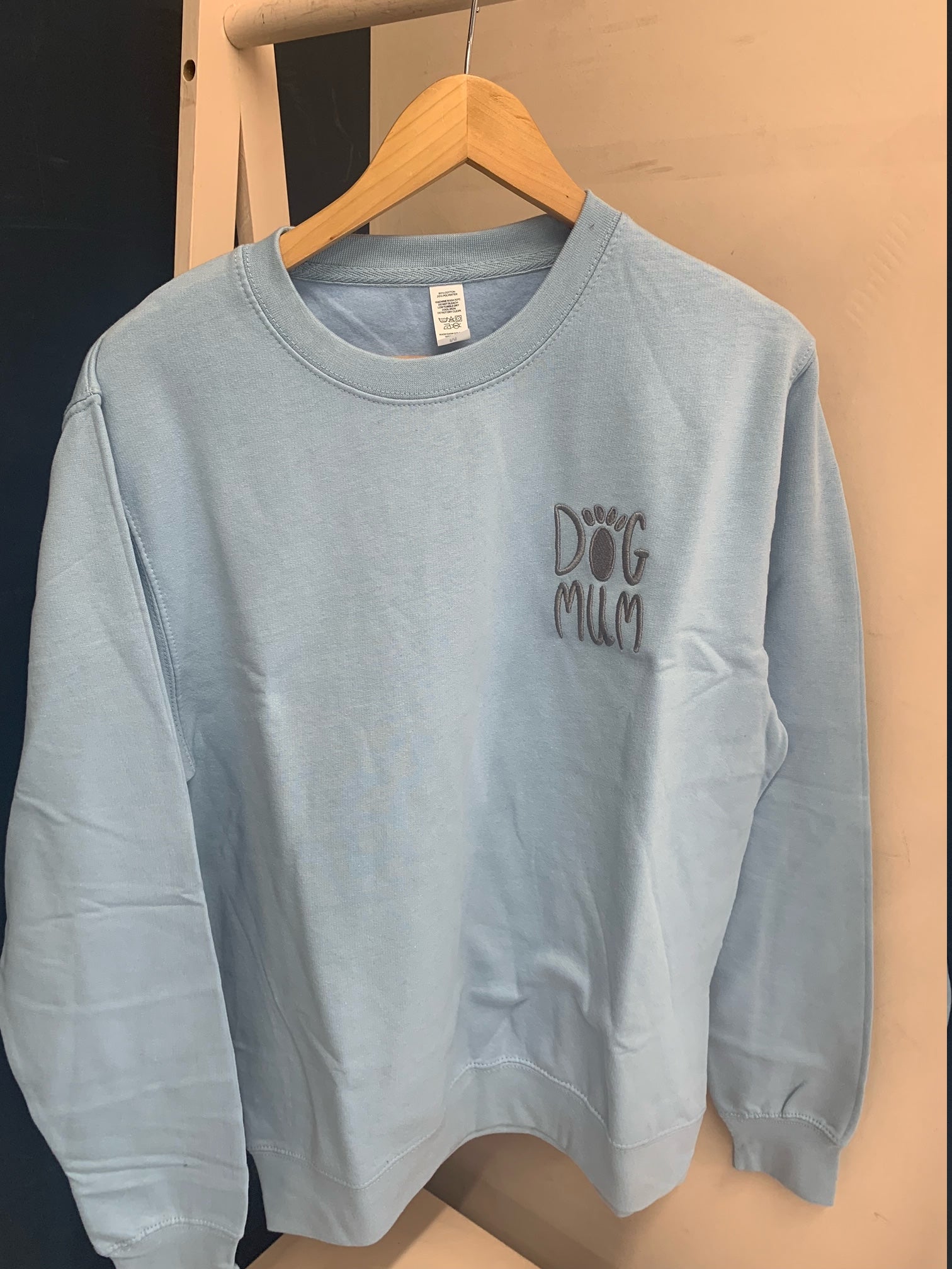 SUMMER SAMPLE SALE 'Dog Mum' with paw sweatshirt, Baby Blue with Dark Grey stitching, M