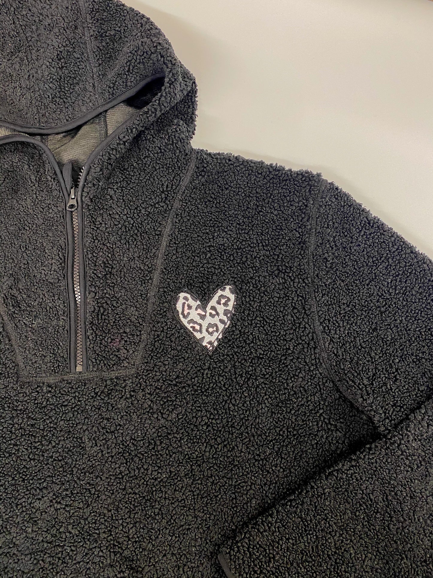 SUMMER SAMPLE SALE Black Sherpa 1/4 Zip Fleece with Hood and Leopard Print Heart - Size L/XL