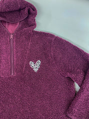 SUMMER SAMPLE SALE Black Sherpa 1/4 Zip Fleece with Hood and Leopard Print Heart - Size L/XL