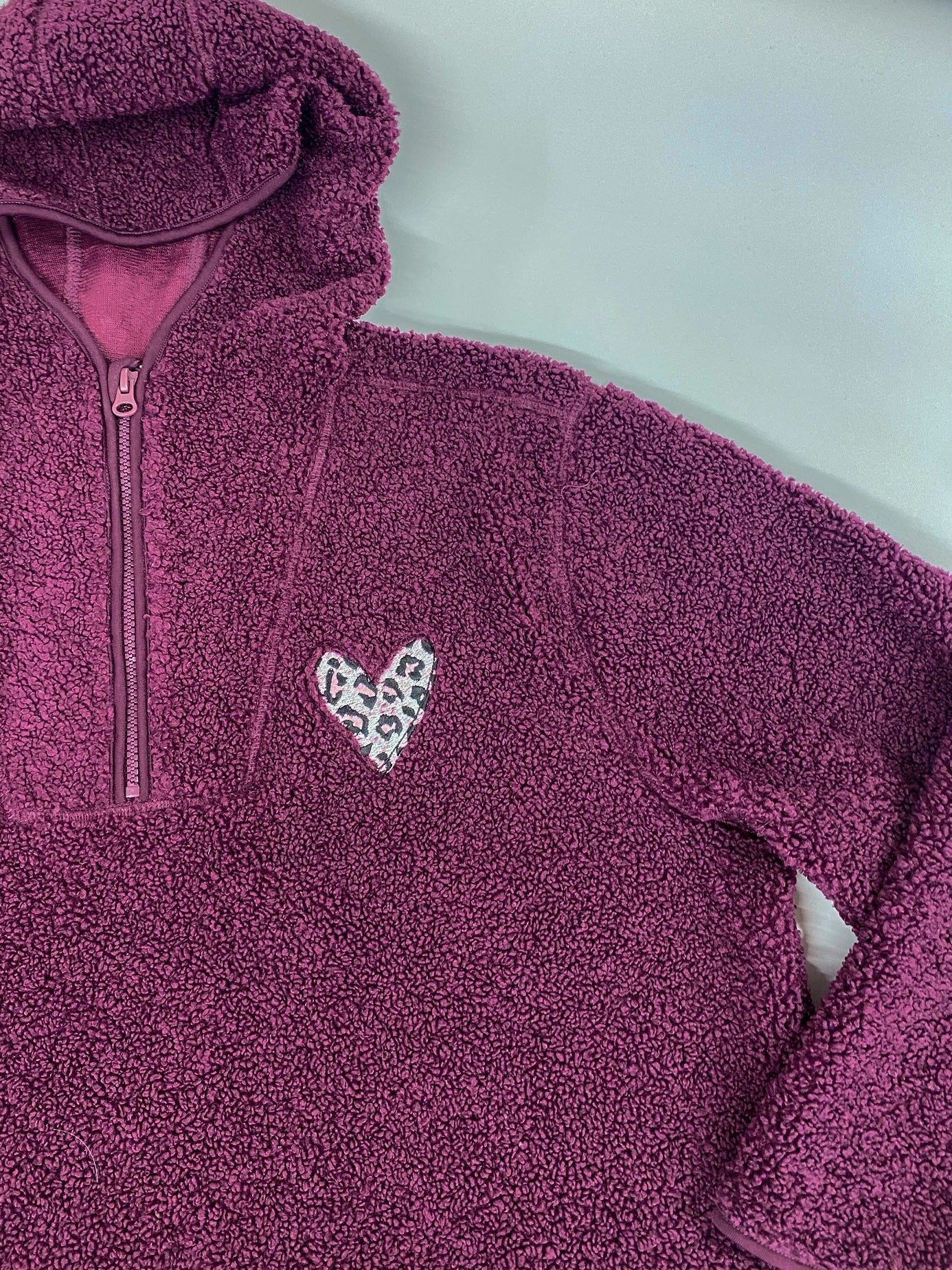 SAMPLE SALE Sherpa 1/4 Zip Fleece with Hood and Leopard Print Heart 3 colours Sizes 2XS, L-XL