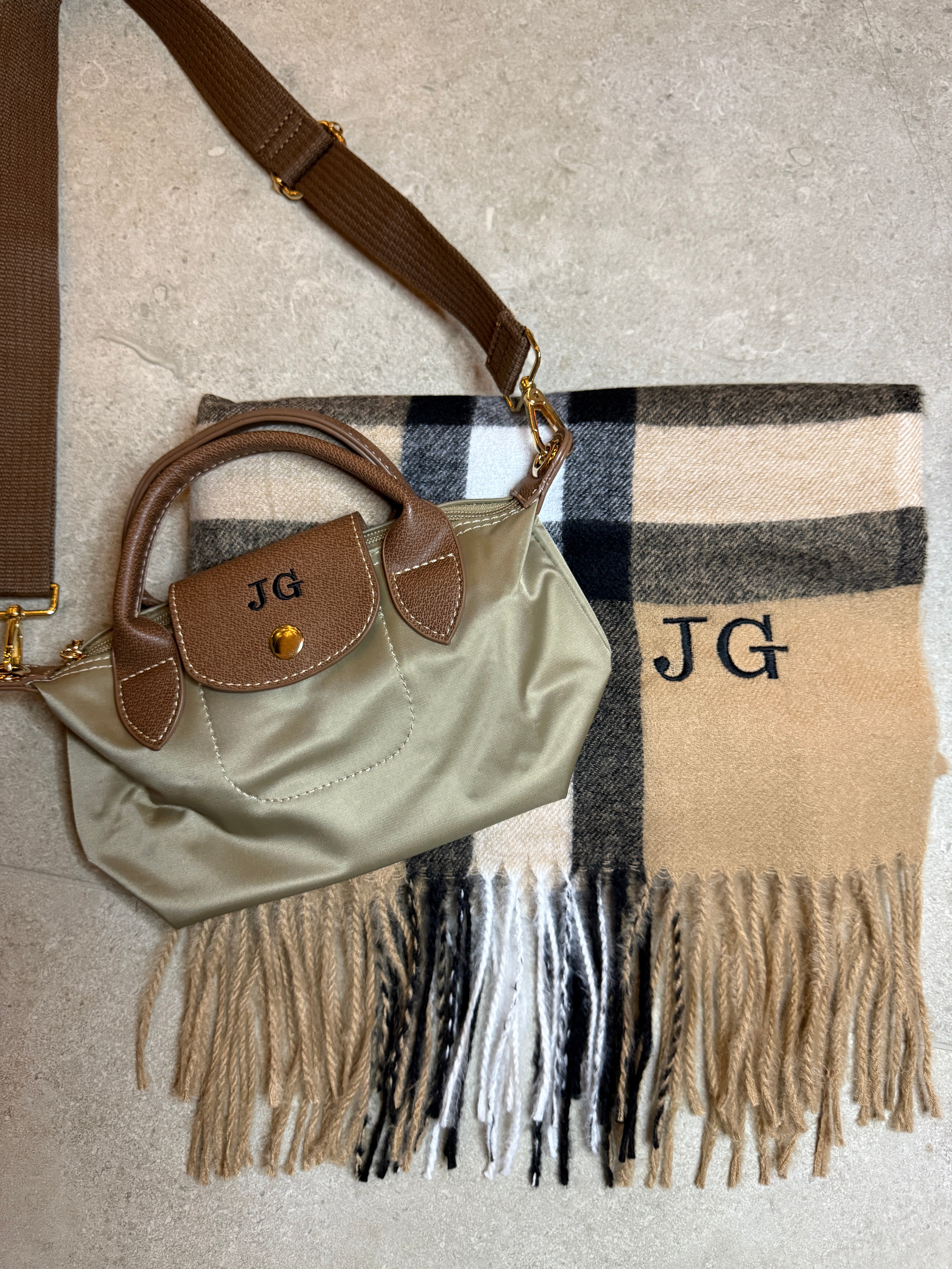 Black Friday Bundle Dusty Beige Mini Grab Tote and Scarf Personalised Price: £44 NOW £32!