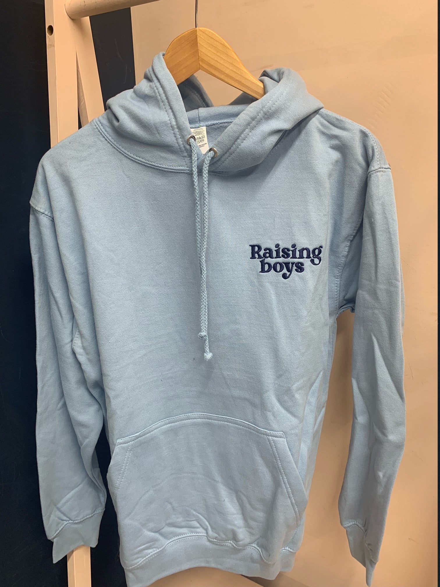 SUMMER SAMPLE SALE 'Raising Boys' baby blue hoodie with navy stitching, M