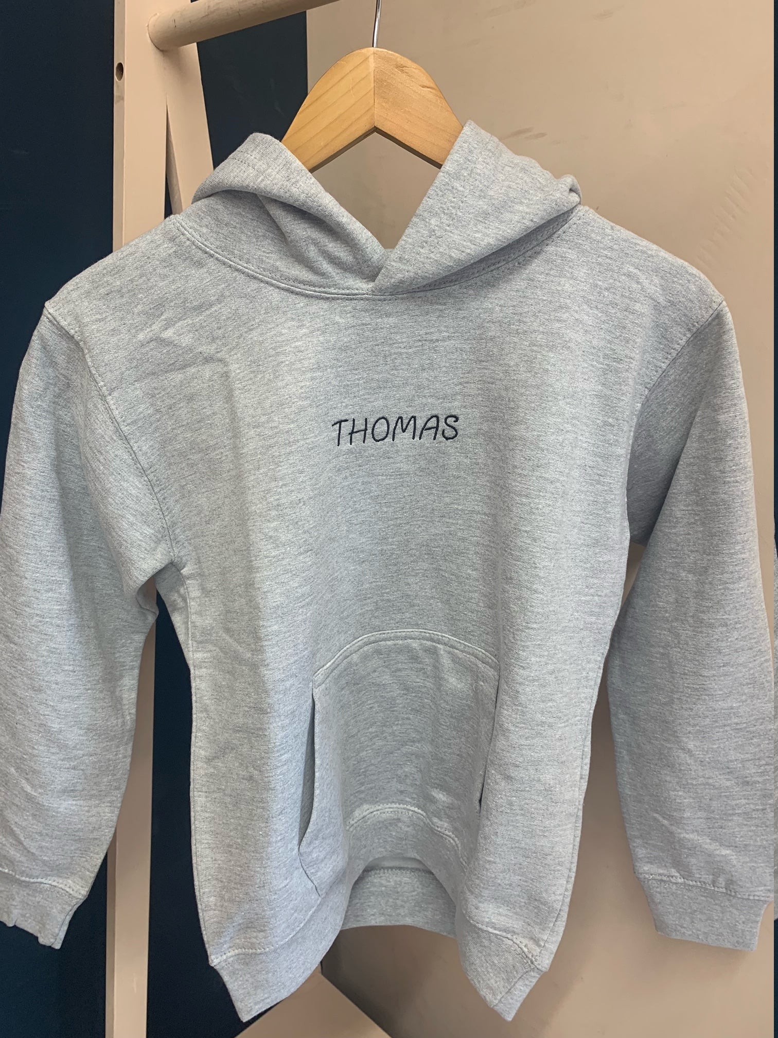 SUMMER SAMPLE SALE Kids grey hoodie with black 'Thomas' embroidery - Kids L