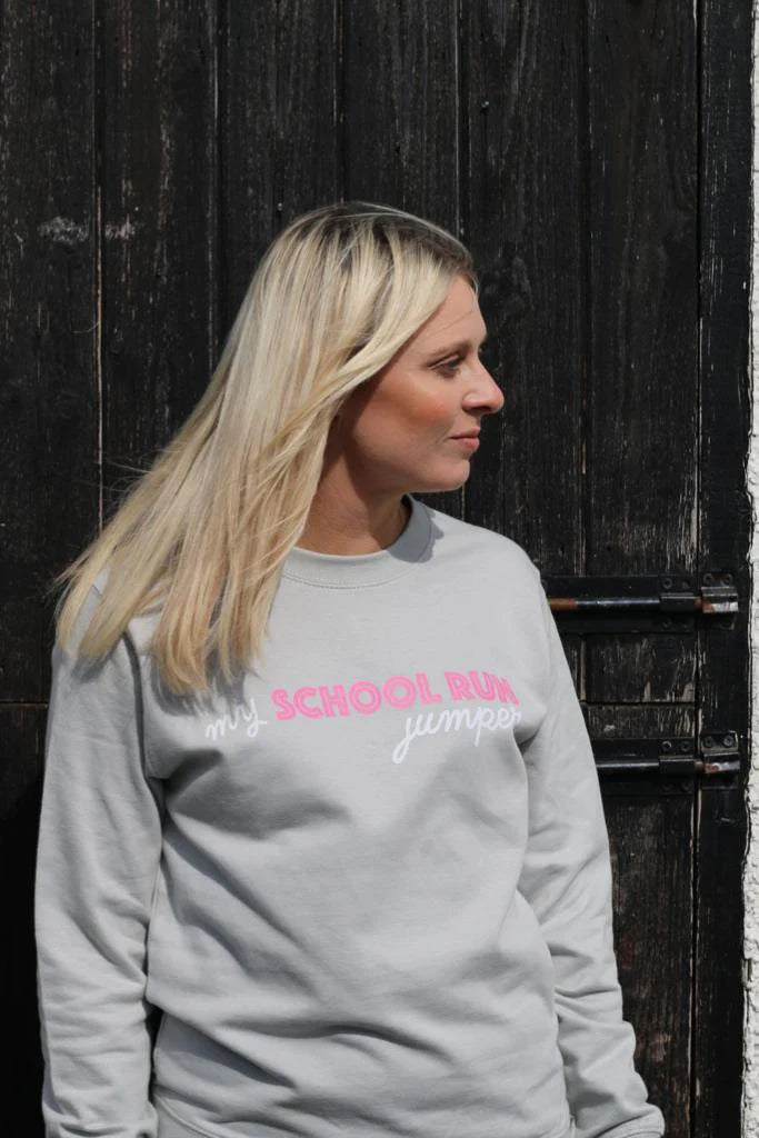 SUMMER SAMPLE SALE 'My School Run Jumper' Sweater, Moondust Grey with Pink and White Vinyl - S