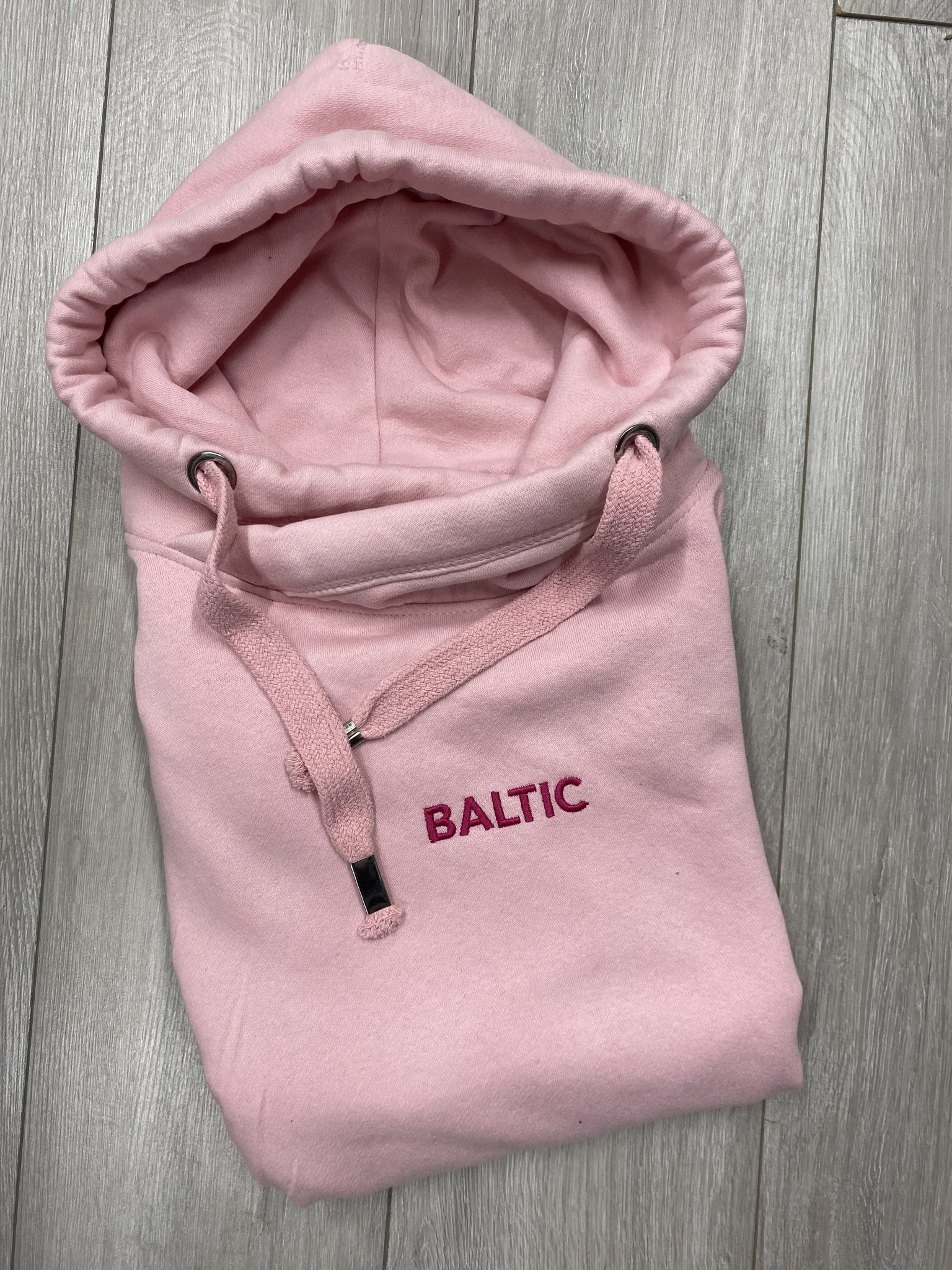 SAMPLE SALE Embroidered 'Baltic' Crossneck Hoodie, Baby Pink with Hot Pink Stitching