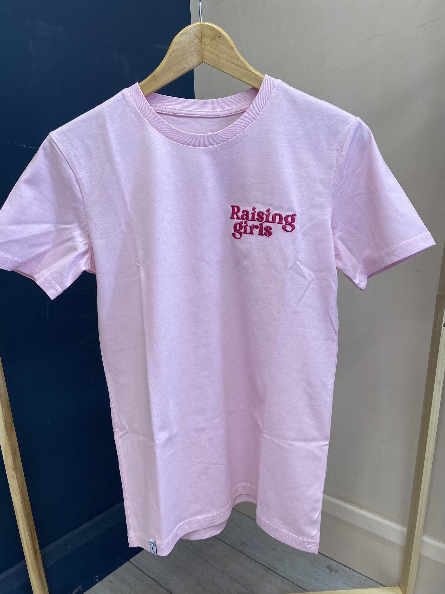 SAMPLE SALE 'Raising Girls' Baby Pink T-Shirt with hot pink stitching, XS