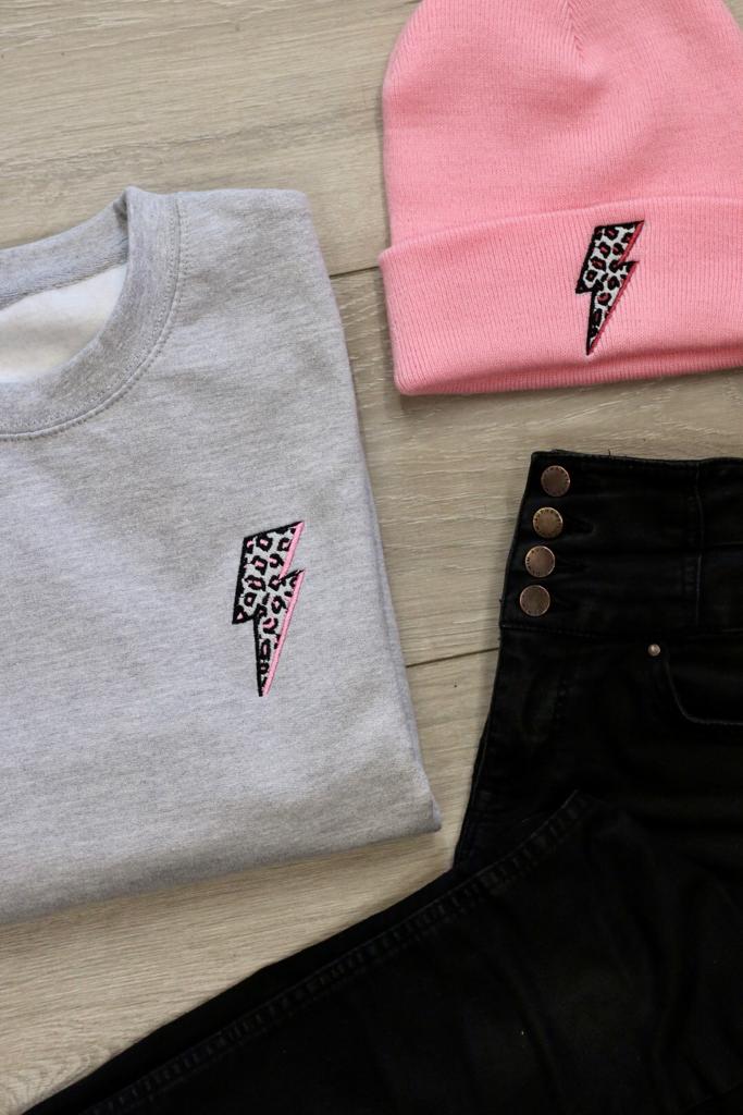 SUMMER SAMPLE SALE Leopard Print Lightening Bolt, Grey Sweater - XL
