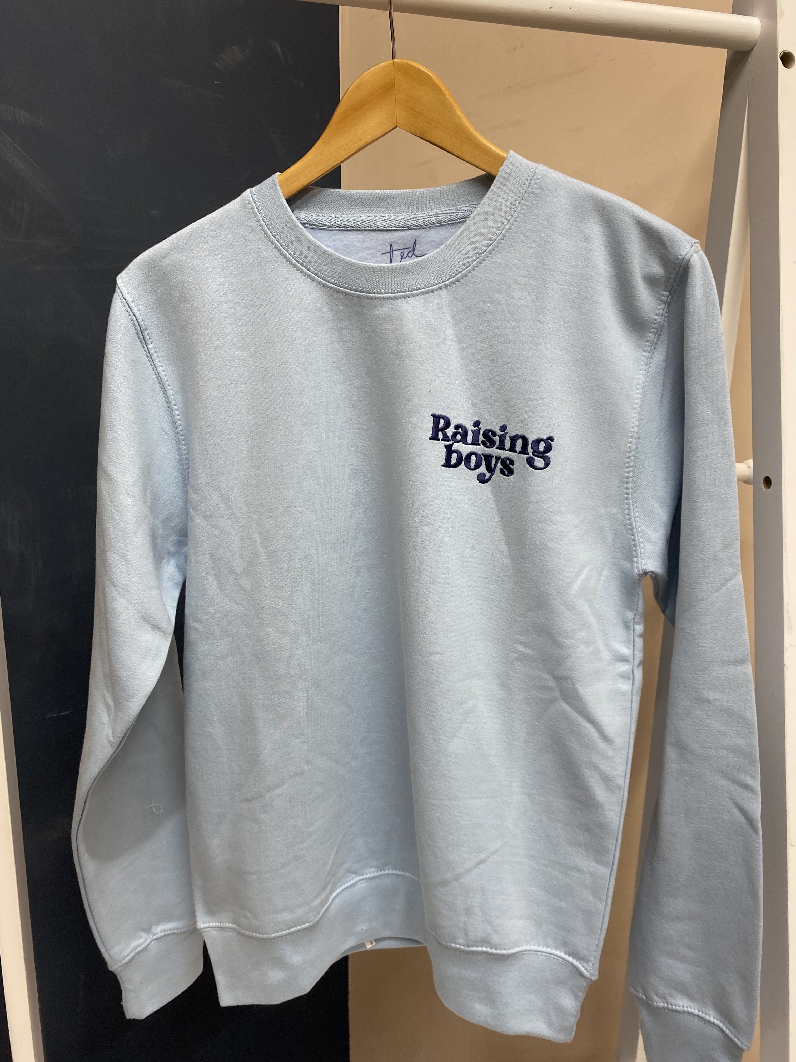 SUMMER SAMPLE SALE 'Raising Boys' baby blue sweater with navy stitching, M