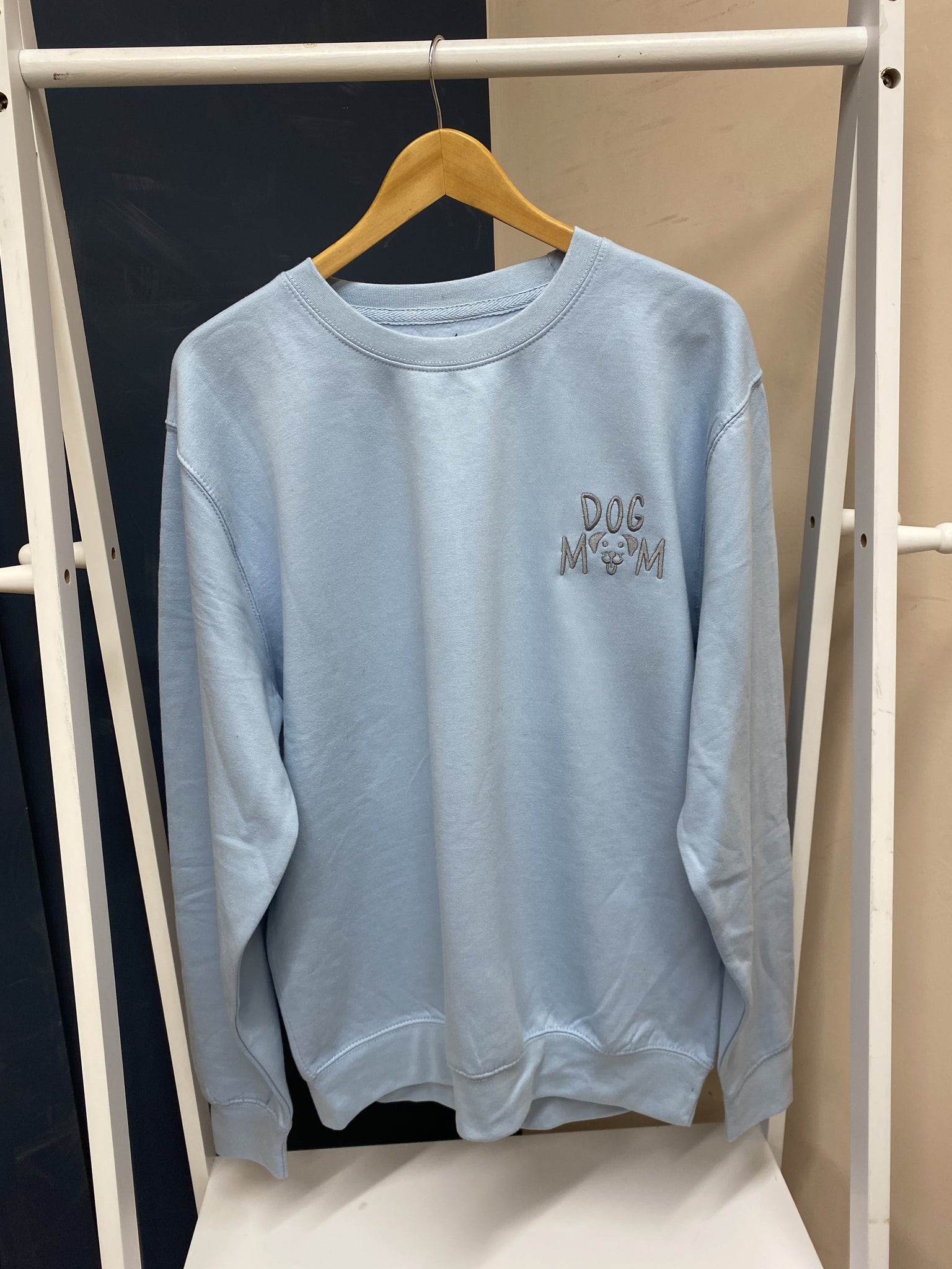 SAMPLE SALE 'Dog Mum' with face Sweater, Baby Blue with Dark Grey Stitching, ALL SIZES