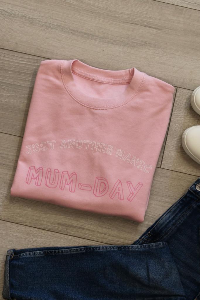 SUMMER SAMPLE SALE 'Just another Manic Mum-Day' Sweater, Baby Pink with Pink and White Vinyl, XS