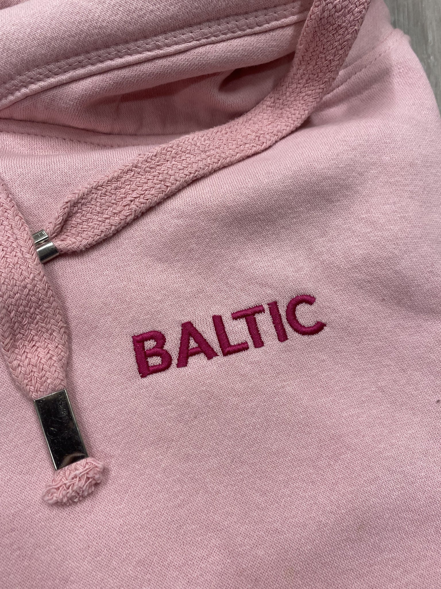 SAMPLE SALE Embroidered 'Baltic' Crossneck Hoodie, Baby Pink with Hot Pink Stitching