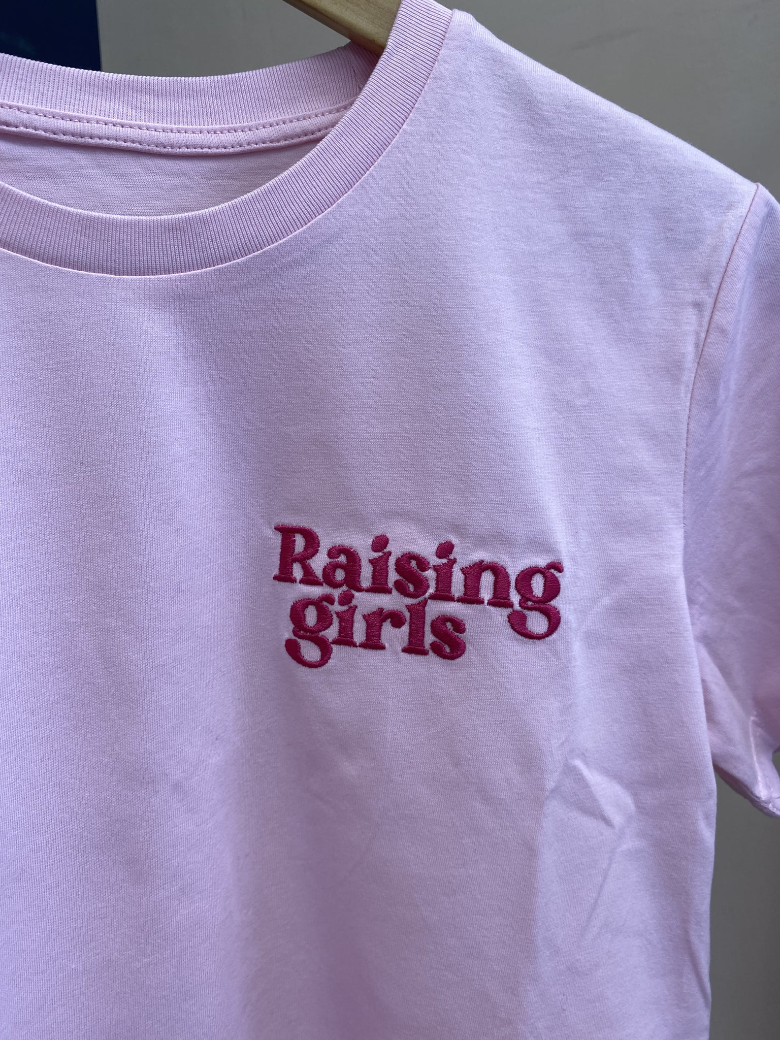 SAMPLE SALE 'Raising Girls' Baby Pink T-Shirt with hot pink stitching, XS