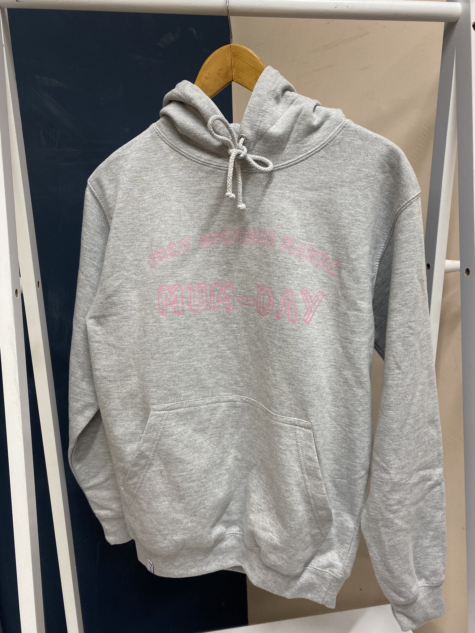 SAMPLE SALE 2024  'Just Another Manic Mum-Day' Hoodie, Grey with Pink Vinyl, S